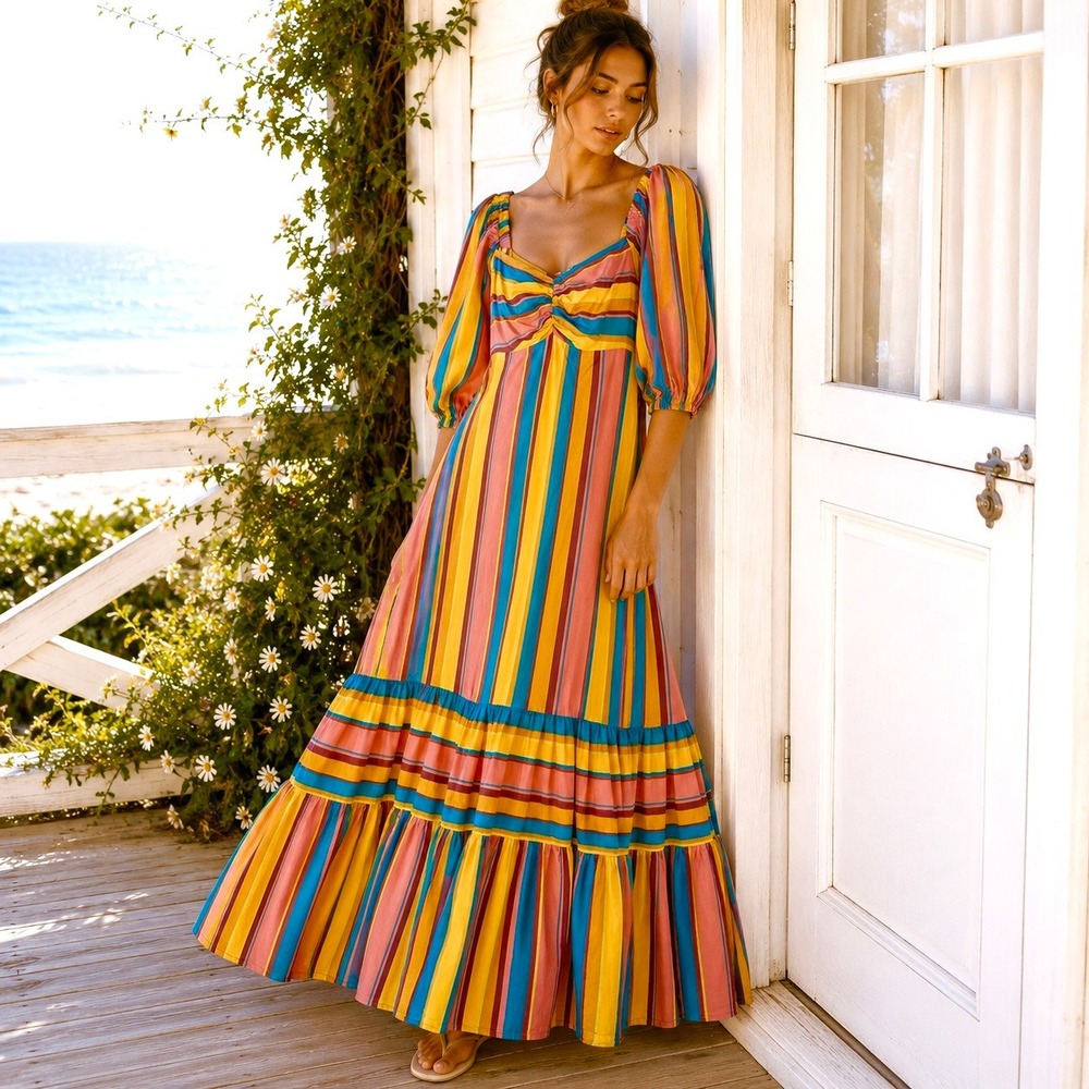 Farm Rio Anthropologie Sz Small Maxi Dress Coastal Cottagecore Feminine Coquette
